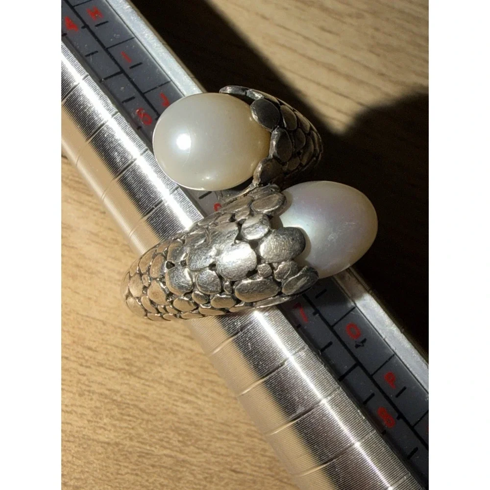 Sterling Silver Snake‎ Skin Texture Crossover Band Pearl Ring Size 6